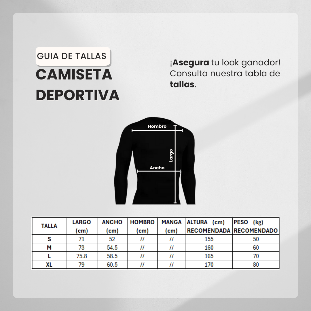 Guía de tallas Camiseta Manga Larga Deportiva Negra Para Hombre Ref. CAMBU01