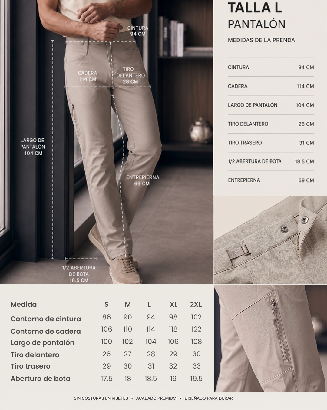 Guía de tallas Pantalón 62343 Gris Claro Para Hombre