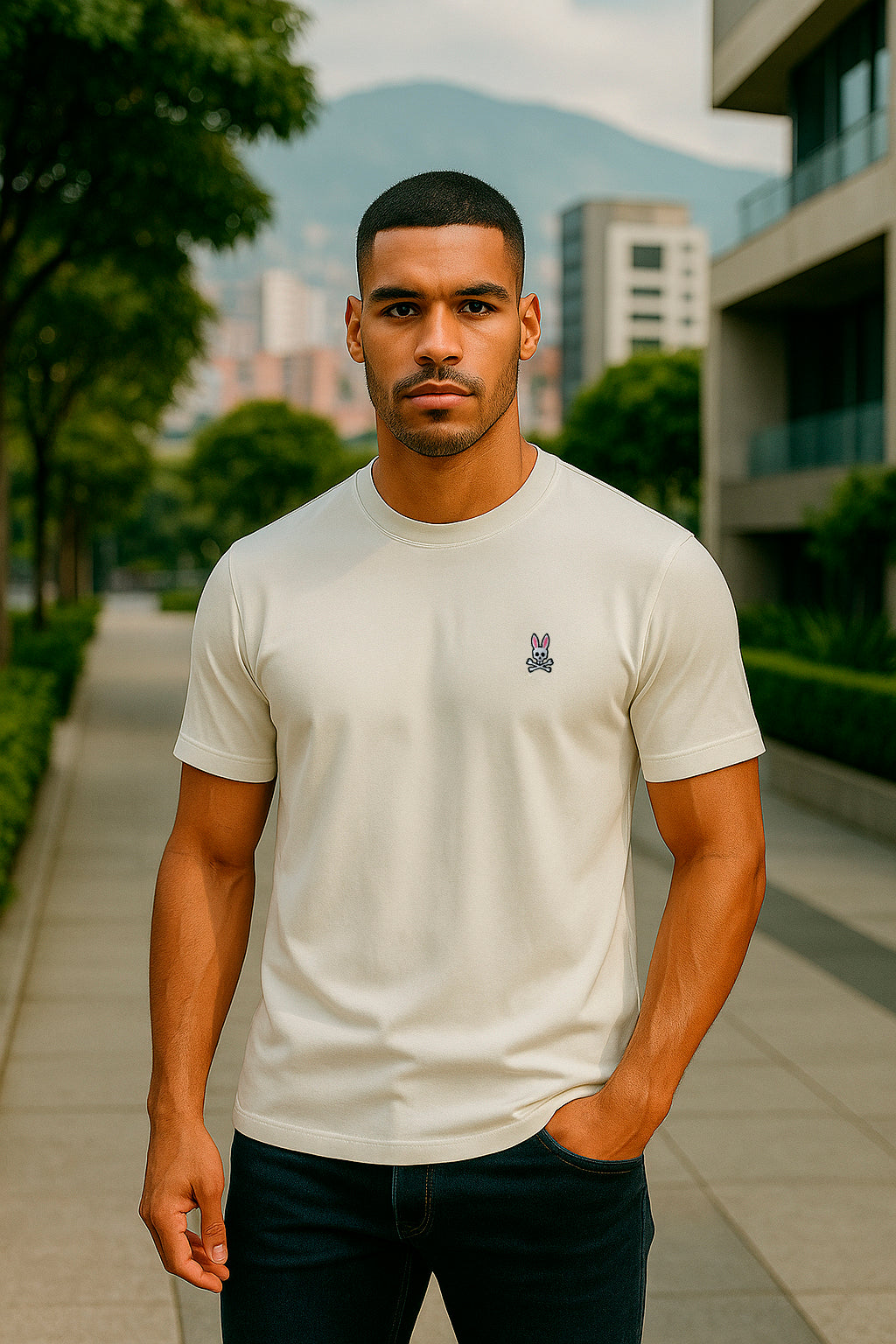 Camiseta básica crema para hombre - con modelo - JDC Luxury Store