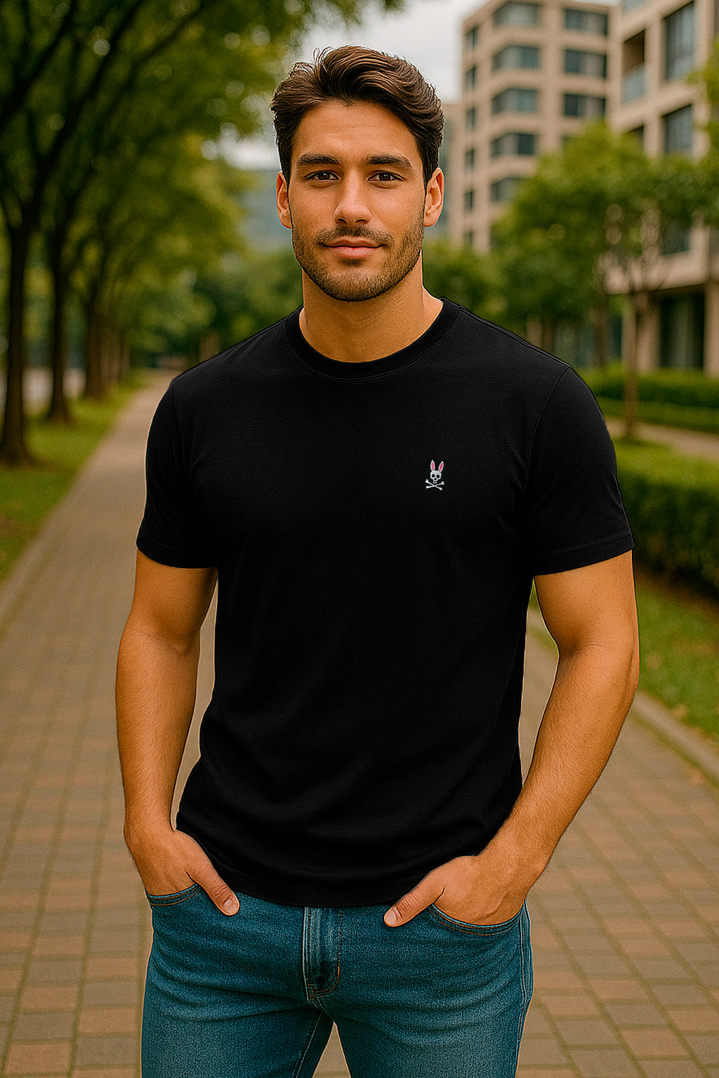 Camiseta básica negra para hombre - con modelo - JDC Luxury Store