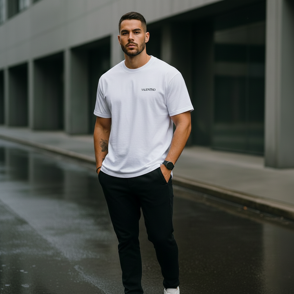 Camiseta básica blanca para hombre - con modelo - JDC Luxury Store