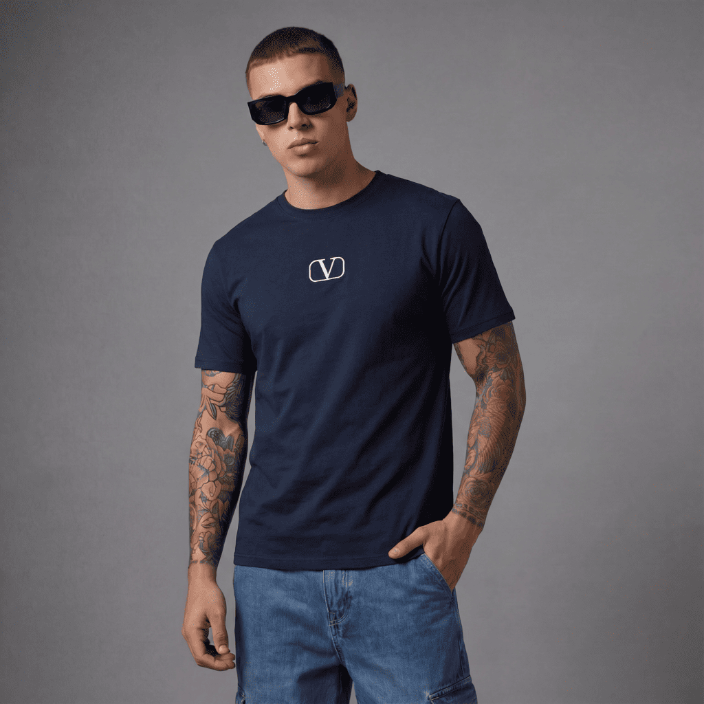 Camiseta básica azul oscuro para hombre - con modelo - JDC Luxury Store