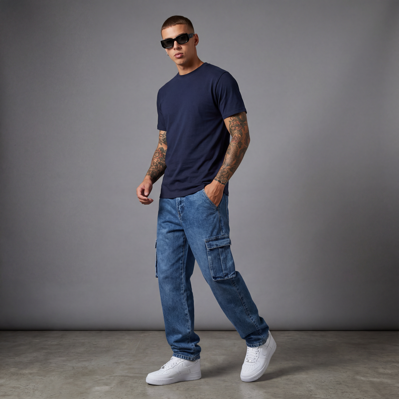 Camiseta básica azul oscuro para hombre - con modelo - JDC Luxury Store