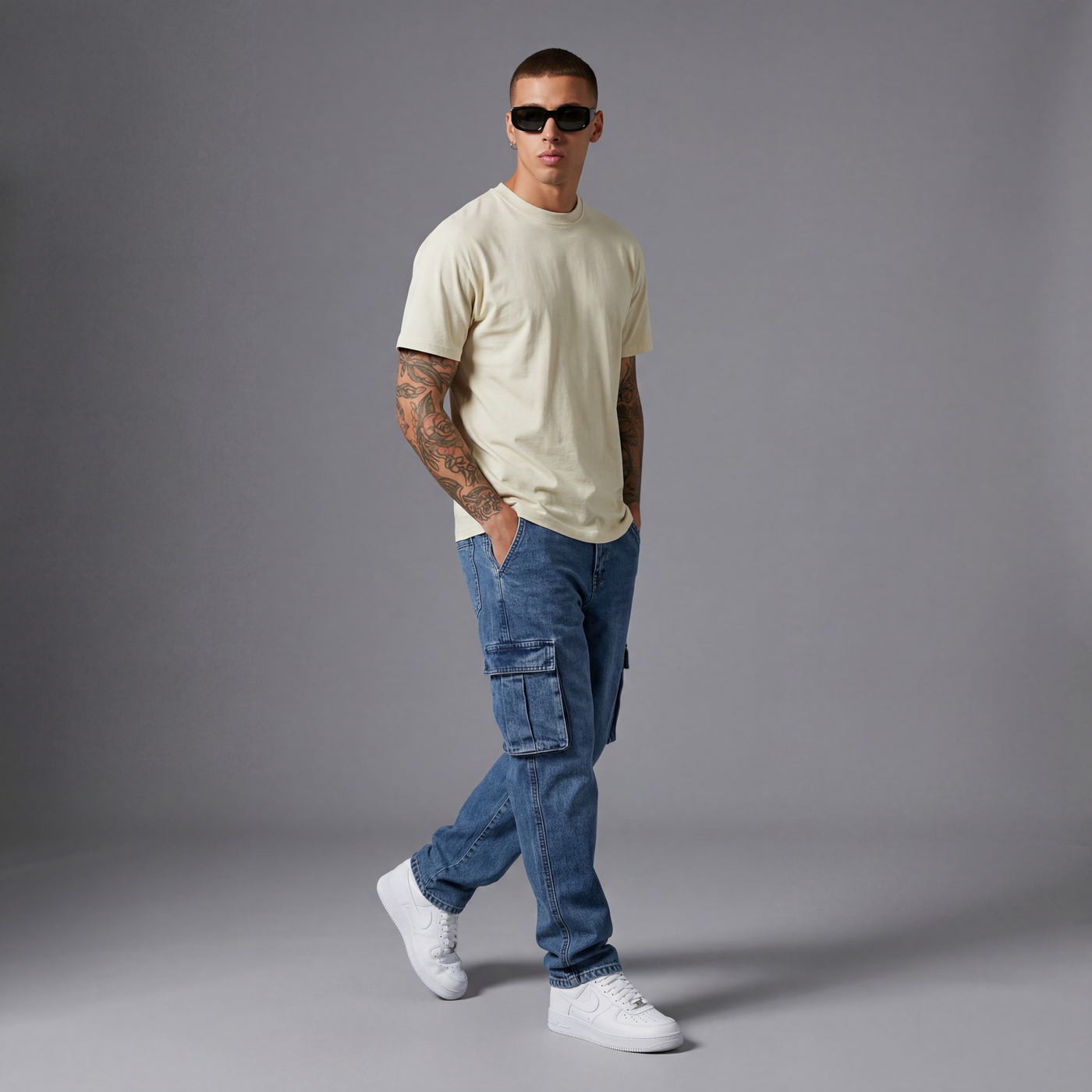 Camiseta básica crema para hombre - con modelo - JDC Luxury Store