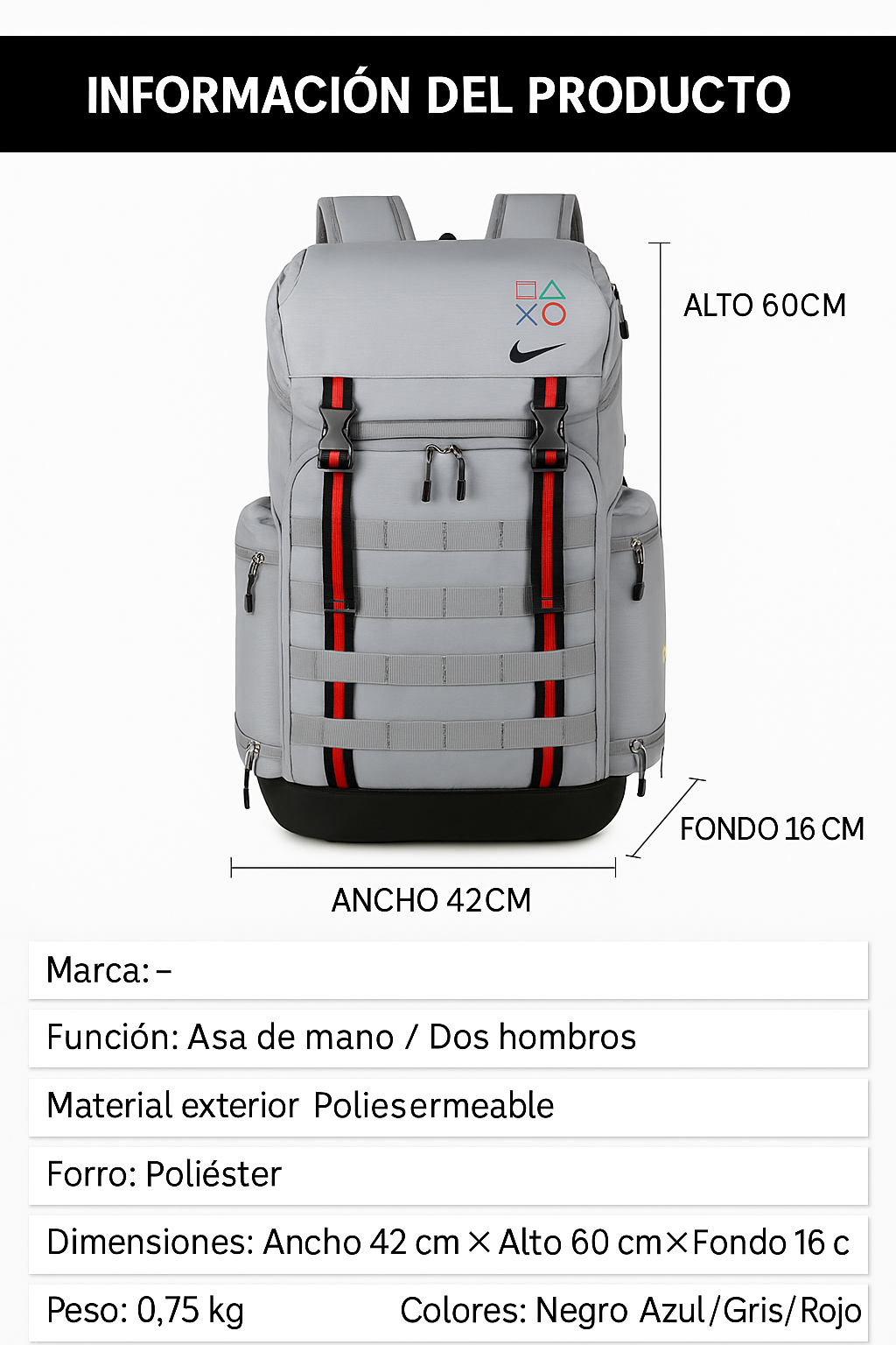 Guía de tallas Morral NKE MOR16 Azul Oscuro