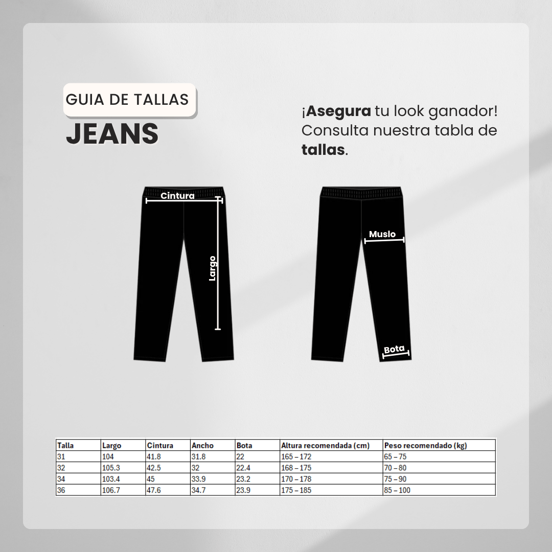 Guía de tallas Jean GD D089L Azul Para Hombre