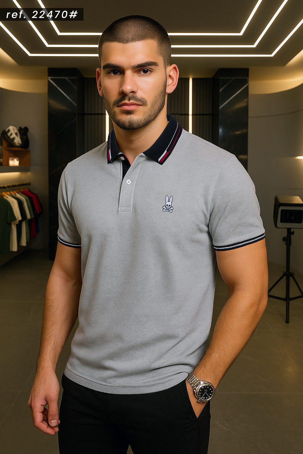 Camiseta 22470# Tipo Polo Gris Para Hombre